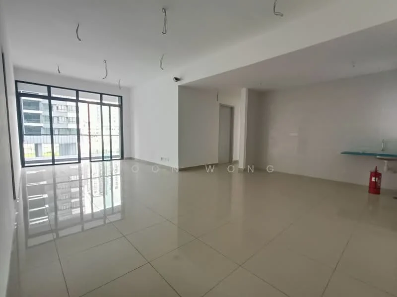 Living features: large floor-to-ceiling windows, white painted walls, glossy ceramic tile flooring, recessed downlights, open layout, neutral color scheme, fire extinguisher, corner space for furniture, view of city skyline; style: modern; view: city.