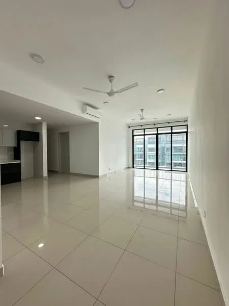 Living features: white painted walls, glossy ceramic tile flooring, 5-blade ceiling fan with light, recessed downlights, floor-to-ceiling windows, sliding glass door, balcony access, open layout, air conditioning unit; style: modern; view: city.