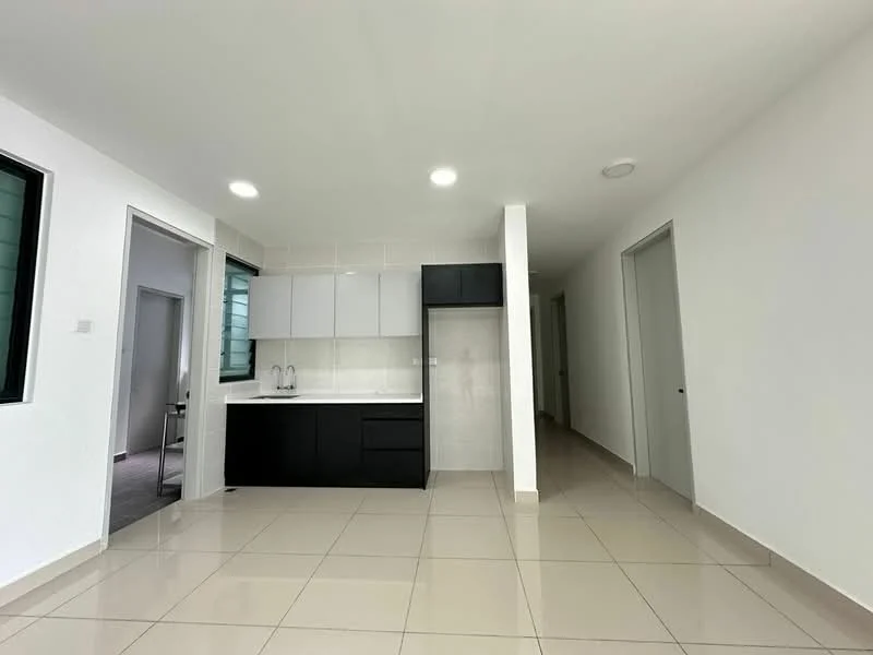 Kitchen features: white cabinetry, black lower cabinets, white countertop, double-bowl stainless-steel sink, chrome pull-down faucet, ceramic tile flooring, recessed LED downlights, wall-mounted cabinets, open layout, windows with green frames; style: modern. Room features: light-colored walls, ceramic tile flooring, recessed LED downlights, doorway leading to hallway, doorway leading to another room.