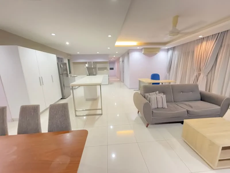 Living features: grey fabric sofa, wooden coffee table, dining table with four chairs, white cabinetry, stainless-steel fridge, open-plan layout, recessed downlights, white tiled flooring, ceiling fan, curtains, wall-mounted air conditioning unit; style: modern.