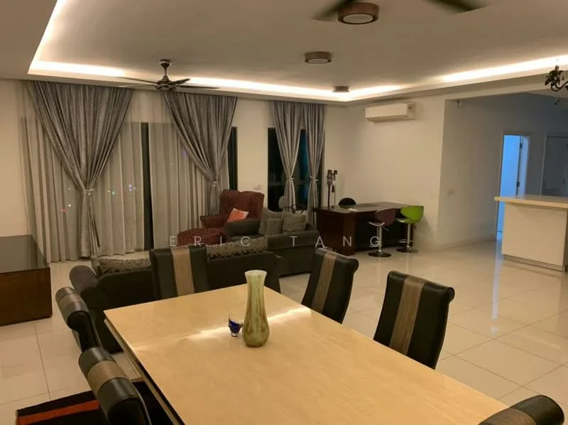Dining features: 6-seater dining table with marble top, upholstered dining chairs, pendant lighting, recessed LED downlights, white walls, floor-to-ceiling windows with sheer curtains, grey fabric sofa, accent chair in red fabric, coffee table, TV console, air conditioning unit on wall, open kitchen layout; style: modern.