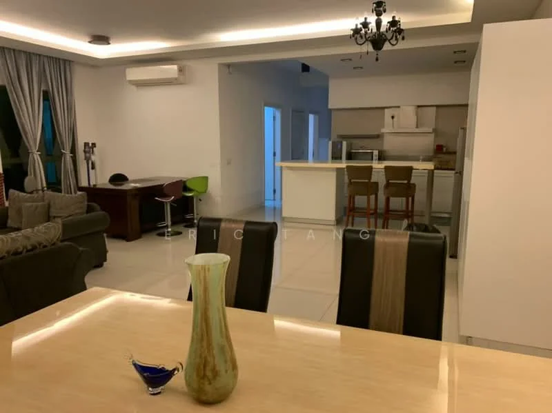 Dining features: dining table with beige surface, black dining chairs, decorative vase on table, blue glass decorative item, recessed ceiling lights, white walls, tile flooring, air conditioning unit on wall; style: modern. Living features: 3-seater fabric sofa in grey, coffee table, TV console, wall-mounted TV, curtains on windows, ceiling fan, open-plan layout to kitchen, tile flooring; style: modern. Kitchen features: kitchen island with bar stools, stainless-steel appliances, white cabinetry, granite countertop, built-in oven, freestanding range oven, recessed lighting, tile flooring; style: modern.