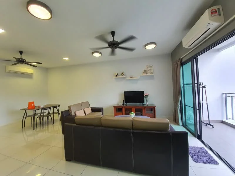 Living features: 3-seater leather sofa in brown, coffee table, wall-mounted TV, TV console, 2 ceiling fans, recessed LED downlights, sliding glass door, floor-to-ceiling windows, white painted walls, glossy tile flooring, curtains, decorative shelf, houseplants in ceramic pots; style: modern. Dining features: 4-seater dining table, metal chairs; style: modern.