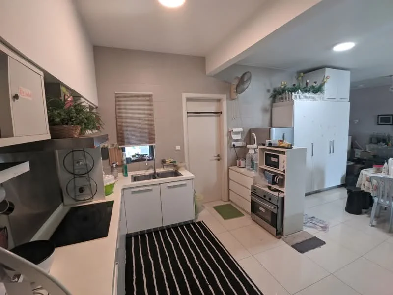 Kitchen features: white cabinetry, black countertop, stainless-steel sink, chrome pull-down faucet, built-in oven, freestanding range oven, microwave, refrigerator, ceramic tile flooring, recessed downlights, window with blinds, black and white striped area rug, open shelving, kitchen island; style: modern.