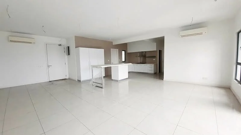 Living features: white painted walls, cream accent wall, polished ceramic tile flooring, 2 wall-mounted split AC units, open-plan layout, kitchen island with bar seating, built-in cabinetry, large windows for natural light; style: modern.