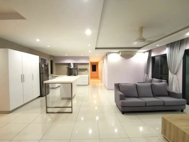 Living features: grey fabric 3-seater sofa, light wood coffee table, white cabinetry, stainless-steel fridge, white kitchen island with countertop, recessed LED downlights, ceiling fan, floor-to-ceiling windows with sheer curtains, cream painted walls, glossy tile flooring; style: modern.