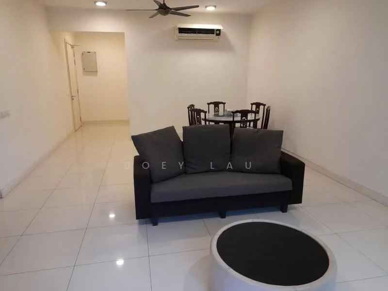 Living features: grey fabric sofa, round coffee table with black top, white tiled flooring, white painted walls, ceiling fan, wall-mounted split AC, dining table with four chairs in background; style: modern.
