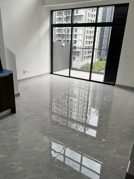 Room features: grey polished tile flooring, white painted walls, floor-to-ceiling windows, sliding glass door, balcony view, natural light, high ceiling, no visible furniture; style: modern; view: city.