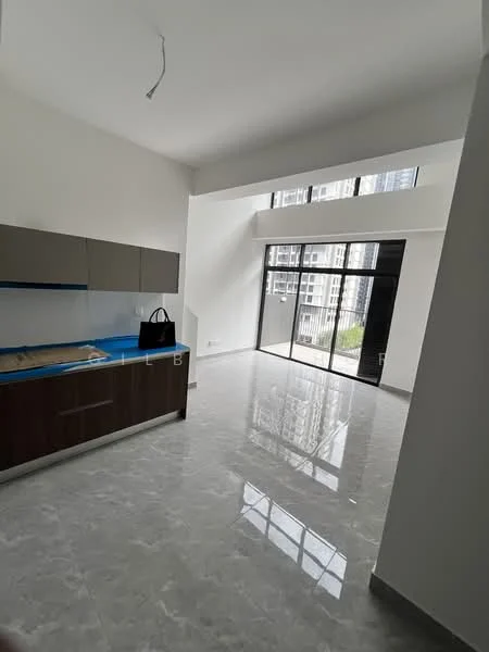 Kitchen features: white painted walls, grey tiled flooring, flat-panel cabinetry in brown, blue countertop, single-bowl stainless-steel sink, built-in kitchen cabinets, recessed downlights, floor-to-ceiling windows, sliding glass door; style: modern; view: garden.