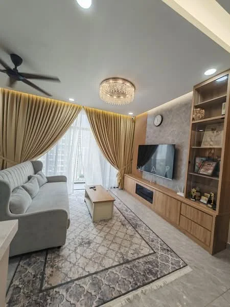 Living features: 3-seater fabric sofa in light grey, coffee table, wall-mounted TV, TV console with wooden finish, chandelier, recessed downlights, floor-to-ceiling windows, sheer curtains, decorative wall with grey paneling, area rug with geometric pattern, built-in shelving unit, ceiling fan; style: modern; view: city.