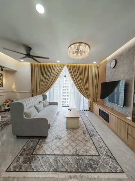 Living features: 3-seater fabric sofa in grey, chandelier, ceiling fan, wall-mounted TV, TV console, coffee table, area rug with geometric pattern, floor-to-ceiling windows with sheer curtains, decorative wall panel, wooden cabinetry, light-colored marble flooring, decorative clock; style: modern; view: city.