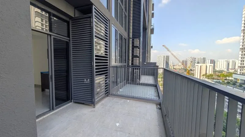 Room features: balcony with railing, grey exterior walls, sliding glass door, floor-to-ceiling windows, concrete flooring, city skyline view; style: modern; view: city.