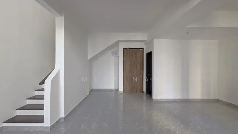 Room features: white painted walls, grey marble tile flooring, staircase with wooden steps, wooden door, recessed ceiling lights, open layout, large windows, no visible furniture; style: modern.
