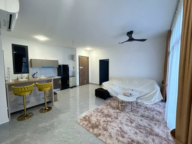 Living features: 3-seater fabric sofa in white, coffee table with gold legs, area rug with geometric pattern, 5-blade ceiling fan with light, floor-to-ceiling windows, curtains in beige, marble tile flooring, wall-mounted split AC, kitchen island with bar stools, stainless-steel fridge, kitchen cabinetry in light grey; style: modern.