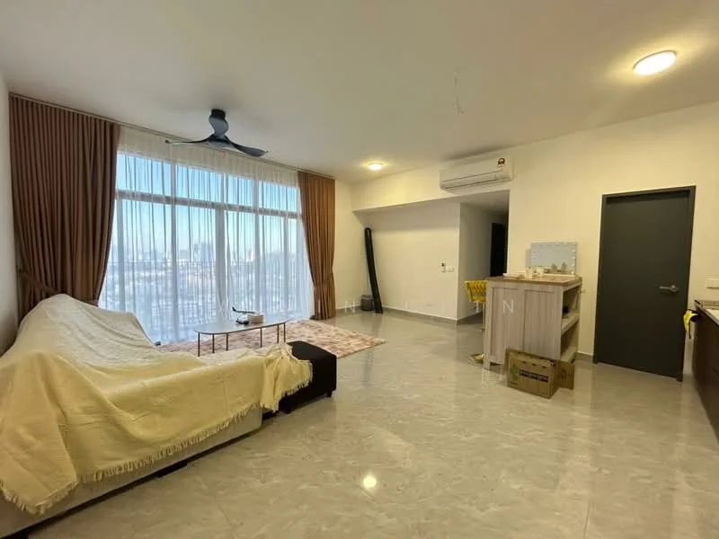 Living features: floor-to-ceiling windows, grey curtains, 3-blade ceiling fan, recessed downlights, light-coloured sofa, coffee table, marble tile flooring, air conditioning unit, decorative wall, open layout, city view; style: modern; view: city.