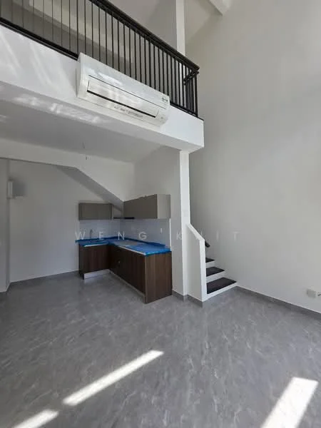 Room features: white painted walls, grey marble tile flooring, staircase with wooden steps, wall-mounted split AC, kitchenette with dark wood cabinetry, blue countertop, open space layout, high ceiling; style: modern.