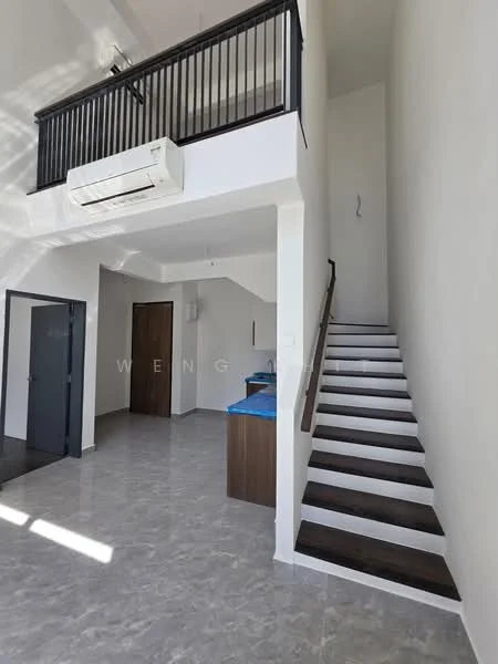 Room features: white painted walls, grey tiled flooring, wooden staircase with white risers, wall-mounted split AC, open space layout, high ceiling, large windows allowing natural light, stainless-steel railing, blue countertop, door leading to another room; style: modern.