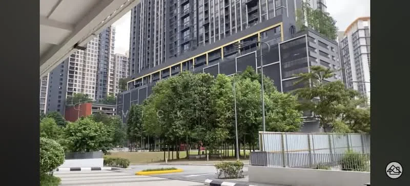 Exterior type: high-rise condominium; features: glass curtain wall, concrete facade, recessed balconies, manicured lawn, mature trees, surrounded by greenery, multi-storey car park, driveway with interlocking pavers; style: modern.