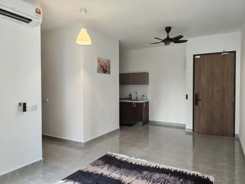 Living features: grey tiled flooring, white painted walls, ceiling fan, pendant light, wall-mounted split AC, wooden door, open kitchen area, framed artwork, area rug with geometric pattern; style: modern.