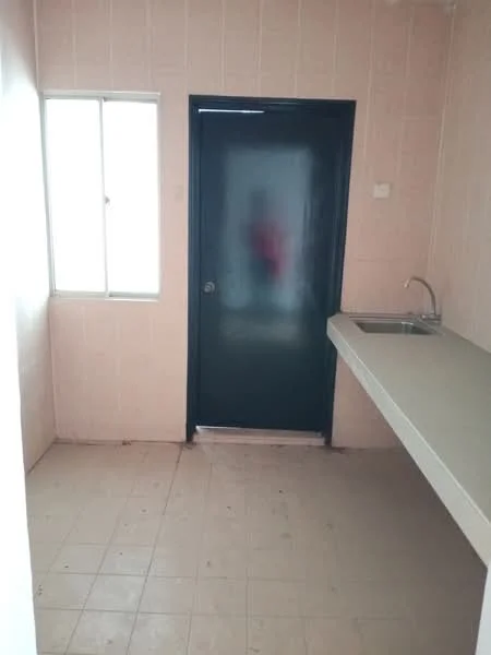 Kitchen features: single-bowl stainless-steel sink, grey countertop, light pink tiled walls, white tiled flooring, window with white frame, black door, no visible appliances, no cabinetry.