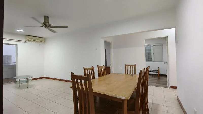 Dining features: wooden dining table with 8 chairs, 5-blade ceiling fan, tile flooring, white painted walls, large window with city view, glass coffee table, air conditioning unit, recessed lighting; style: modern; view: city. Living features: tile flooring, white painted walls, large window, air conditioning unit, 5-blade ceiling fan; style: modern. Room features: doorway leading to another room, tile flooring, white painted walls.