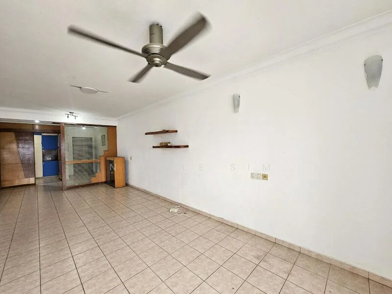 Living features: white painted walls, ceramic tile flooring, 5-blade ceiling fan, recessed downlights, built-in shelves, glass door, wooden cabinetry, open layout.