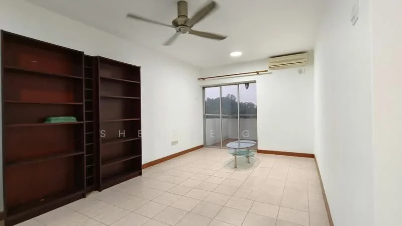 Living features: white painted walls, tile flooring, ceiling fan, sliding glass door, floor-to-ceiling windows, built-in bookshelf, glass coffee table, air conditioning unit.