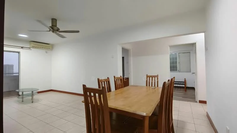 Dining features: wooden dining table with 8 chairs, 5-blade ceiling fan, wall-mounted air conditioning unit, tile flooring, white painted walls, glass coffee table, natural light from window, doorway to adjacent room; style: modern; view: city. Room features: white painted walls, tile flooring, doorway to balcony, window with natural light.