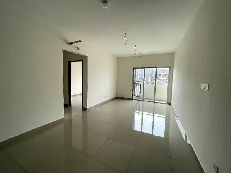 Living features: white painted walls, glossy ceramic tile flooring, sliding glass door, floor-to-ceiling windows, 2 ceiling lights, open layout, neutral color scheme, no visible furniture; style: modern; view: city.