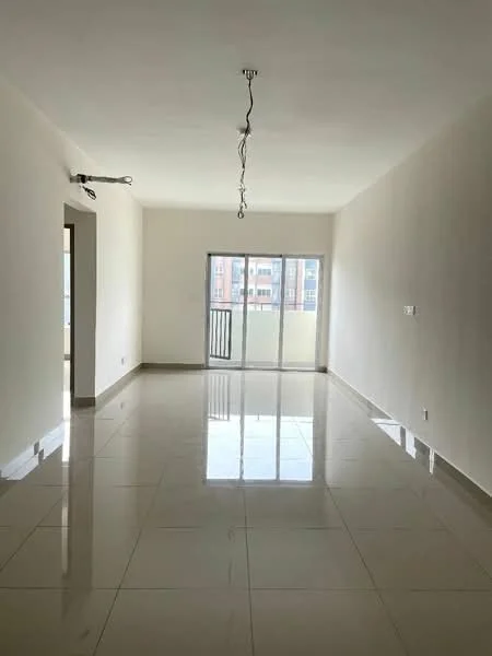 Living features: white painted walls, glossy ceramic tile flooring, recessed downlights, sliding glass door, floor-to-ceiling windows, balcony access, neutral color scheme, open layout; style: modern; view: city.