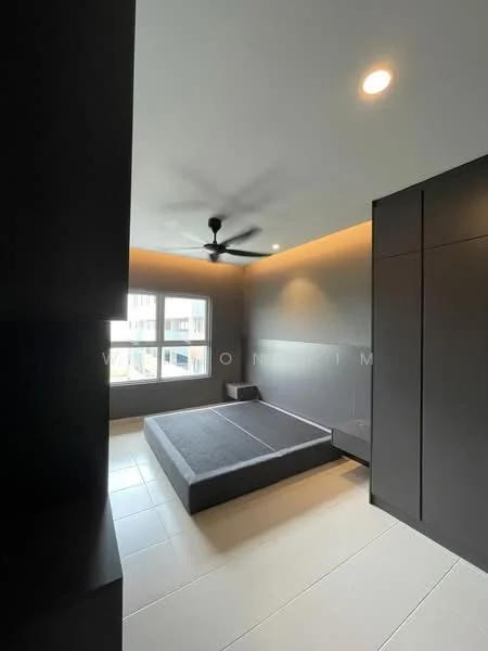 Bedroom features: grey upholstered bed base, black accent wall, light grey wall, floor-to-ceiling windows, ceiling fan with light, recessed lighting, tile flooring, built-in wardrobe; style: modern.
