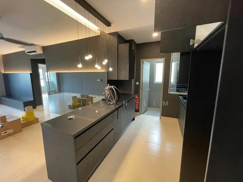 Kitchen features: black cabinetry, black countertop, kitchen island, pendant lighting, recessed downlights, stainless-steel sink, chrome pull-down faucet, built-in oven, freestanding range oven, ceramic tile flooring, grey painted walls, open layout, floor-to-ceiling windows, sliding glass door; style: modern; view: city.