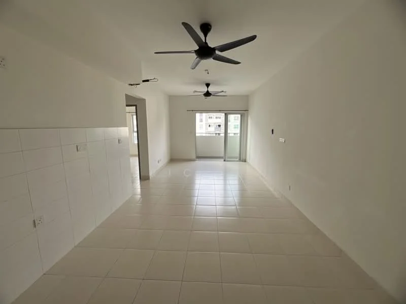 Room features: white painted walls, glossy ceramic tile flooring, 2 ceiling fans, sliding glass door, floor-to-ceiling windows, natural light from windows, neutral color scheme, open layout; style: modern; view: city.