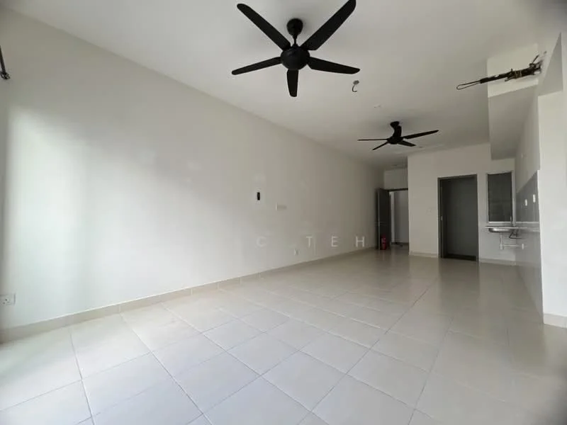 Living features: white painted walls, tile flooring, 2 ceiling fans, recessed lighting, open layout, large windows, kitchenette area, neutral color scheme; style: modern.