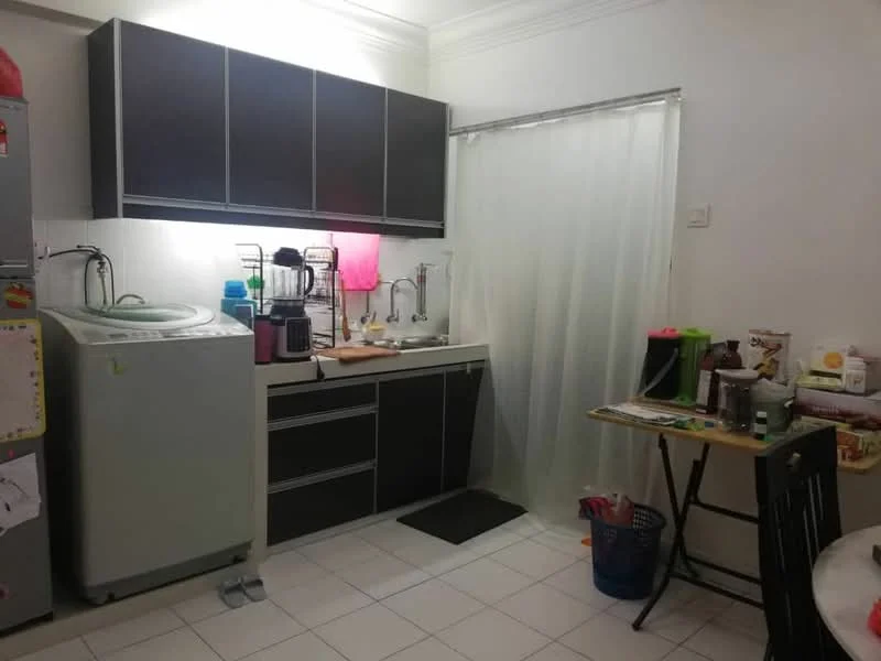 Kitchen features: black cabinetry, white countertop, single-bowl stainless-steel sink, chrome pull-down faucet, built-in washing machine, refrigerator, kitchen utensils on countertop, plastic storage containers, table with chairs, floor tiles, curtain for window, dish rack, cutting board; style: modern.