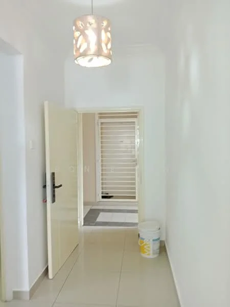 Room features: white painted walls, tile flooring, ceiling light fixture, door with modern handle, open doorway leading to another room, light-colored door frame, bucket on the floor; style: modern.