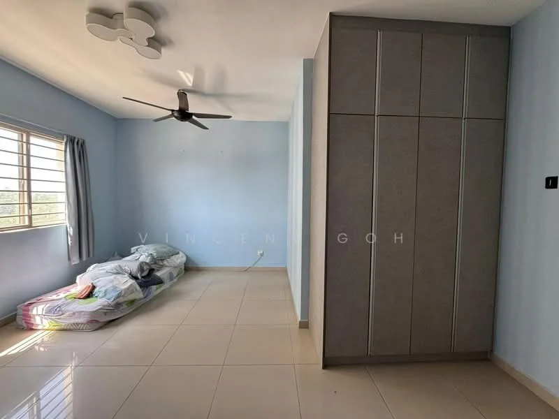 Bedroom features: single bed with bedding, built-in wardrobe with grey finish, light blue painted walls, white ceiling, ceiling fan, tile flooring, window with curtain, natural light from window; style: modern.