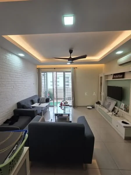 Living features: grey fabric 3-seater sofa, grey fabric 2-seater sofa, white painted walls, exposed brick wall, recessed ceiling with LED lighting, 5-blade ceiling fan with light, floor-to-ceiling sliding glass door, white TV console, wall-mounted TV, ceramic tile flooring, curtains, coffee table; style: modern; view: garden.