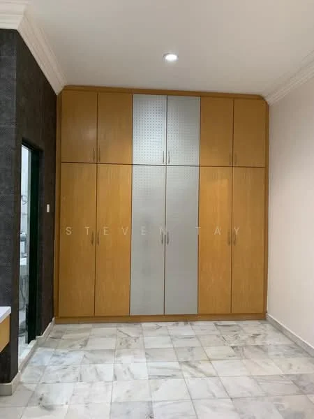 Room features: built-in wardrobe with wooden finish, metal paneling on wardrobe doors, marble tile flooring, white walls, crown moulding, recessed ceiling lights; style: modern.