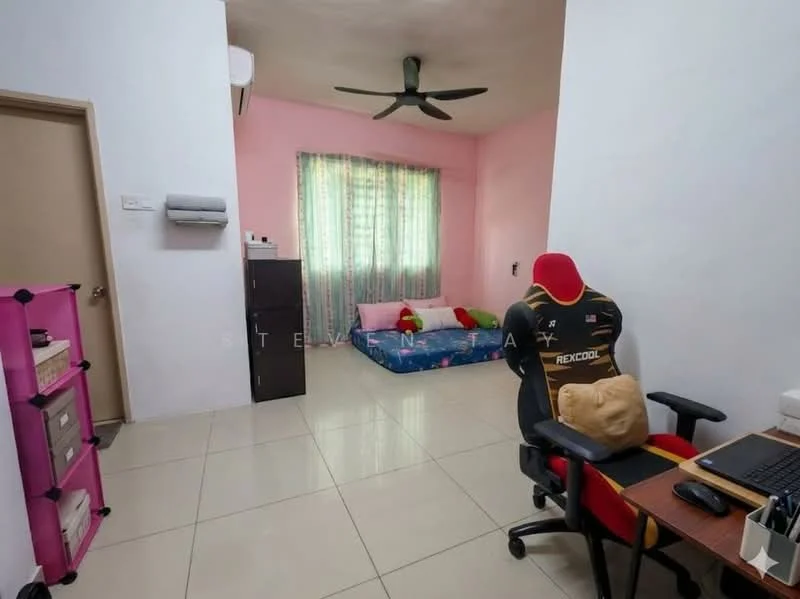 Room features: pink painted walls, white ceiling, floor-to-ceiling window with sheer curtains, light-colored tiled flooring, ceiling fan, study desk with chair, gaming chair, small bed with colorful bedding, black storage cabinet, pink storage unit, air conditioning unit; style: modern.