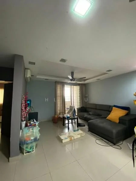 Living features: grey sectional sofa, coffee table, floor-to-ceiling windows, sheer curtains, 5-blade ceiling fan with light, recessed downlights, cream tiled flooring, decorative plants, wall-mounted air conditioning unit, blue accent wall; style: modern; view: city.