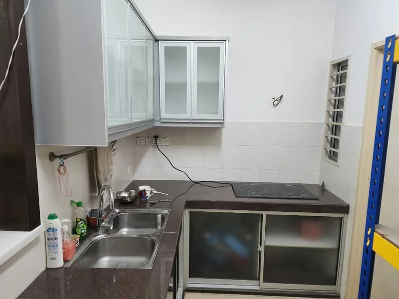 Kitchen features: double-bowl stainless-steel sink, chrome pull-down faucet, black granite countertop, glass-front upper cabinets, lower cabinets with sliding doors, built-in electric cooktop, white tiled backsplash, white tiled walls, cream tiled flooring, window with security bars; style: modern.