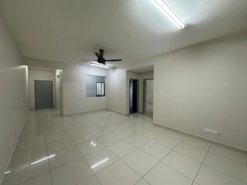 Living features: white painted walls, glossy ceramic tile flooring, ceiling fan, recessed LED downlights, large window, neutral color scheme, open layout, doorway to adjacent room; style: modern.