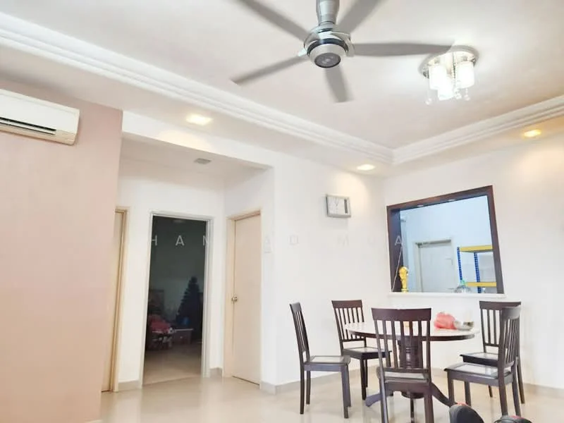 Dining features: 4-seater dining table, wooden dining chairs, ceiling fan with integrated light, wall-mounted clock, cream painted walls, tile flooring, recessed downlights, doorway leading to hallway, air conditioning unit on wall; style: modern. Room features: doorway leading to another room, light-colored walls, visible hallway.