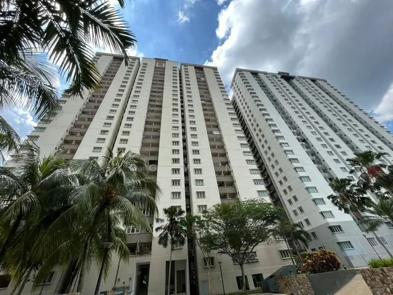 Exterior type: high-rise condominium; features: white painted facade, glass balcony railings, multiple recessed balconies, approximately 20-storey high-rise, tropical landscaping with palm trees, manicured garden area, large windows, modern architectural design; style: modern.