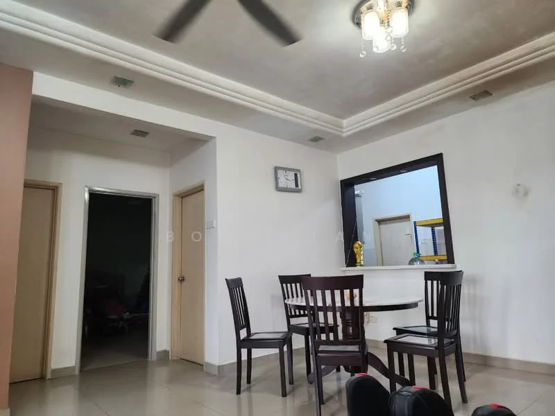 Dining features: 4-seater wooden dining table, wooden dining chairs, cream painted walls, tile flooring, ceiling with crown moulding, chandelier light fixture, wall clock, open kitchen counter, mirror on wall, doorway leading to hallway; style: modern. Room features: doorway leading to another room.
