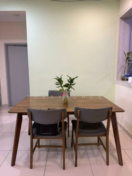 Dining features: wooden dining table, 4 dining chairs with grey upholstery, green painted walls, tile flooring, decorative plant in vase, window with natural light, minimalist decor; style: modern.