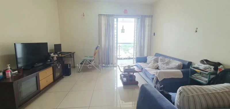 Living features: floor-to-ceiling windows, sliding glass door, cream painted walls, glossy tile flooring, 3-seater fabric sofa in blue, 2-seater fabric sofa with striped pattern, coffee table, TV console with storage, wall-mounted TV, decorative wall hanging, sheer curtains, area rug; style: modern; view: city.