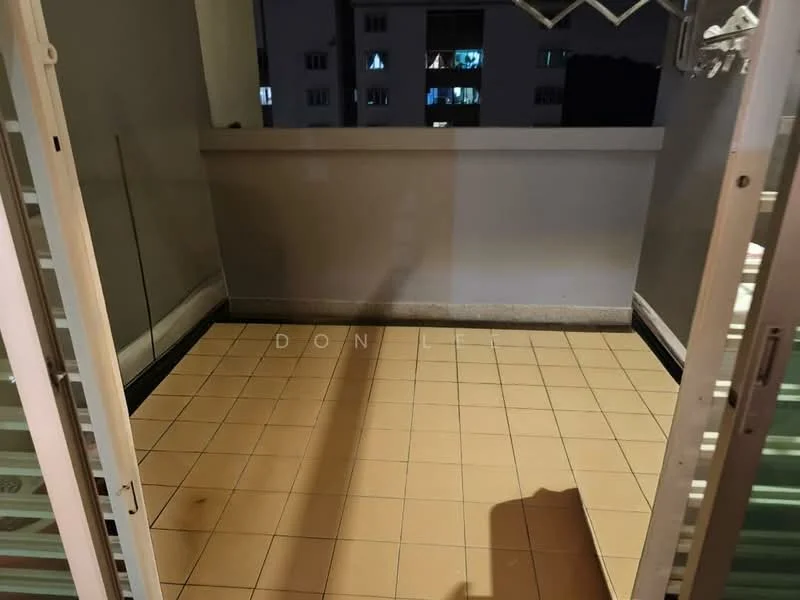 Room features: tiled flooring, grey walls, balcony railing, sliding glass door, outdoor space, city view, overhead light fixture; view: city.