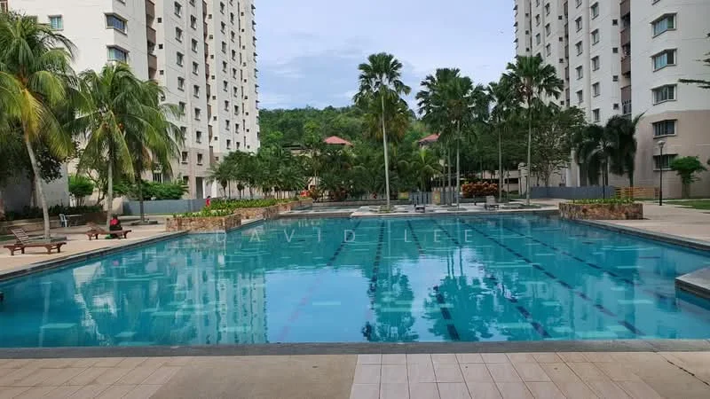 Exterior type: mid-rise condominium; features: infinity pool, pool deck with loungers, tropical landscaping, palm trees, manicured lawn, surrounded by greenery, multiple residential buildings, clear blue sky; style: modern.
